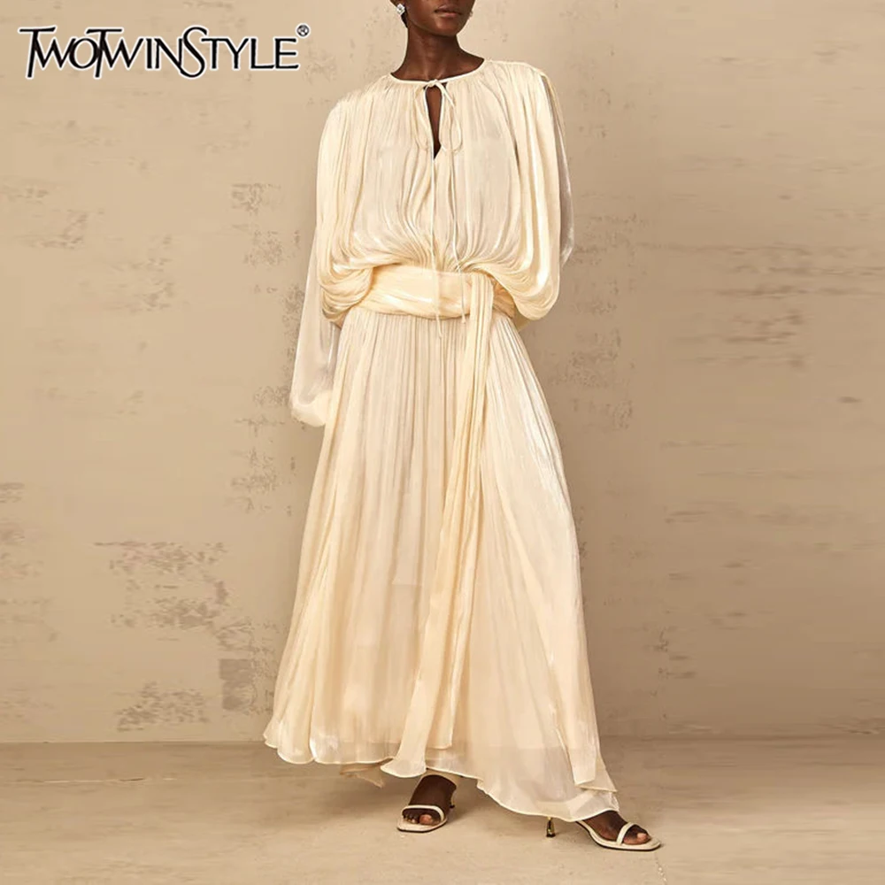TWOTWINSTYLE, vestidos elegantes lisos sueltos con pliegues empalmados para mujer, cuello redondo, manga larga, vestido de retazos con cordones, moda femenina
