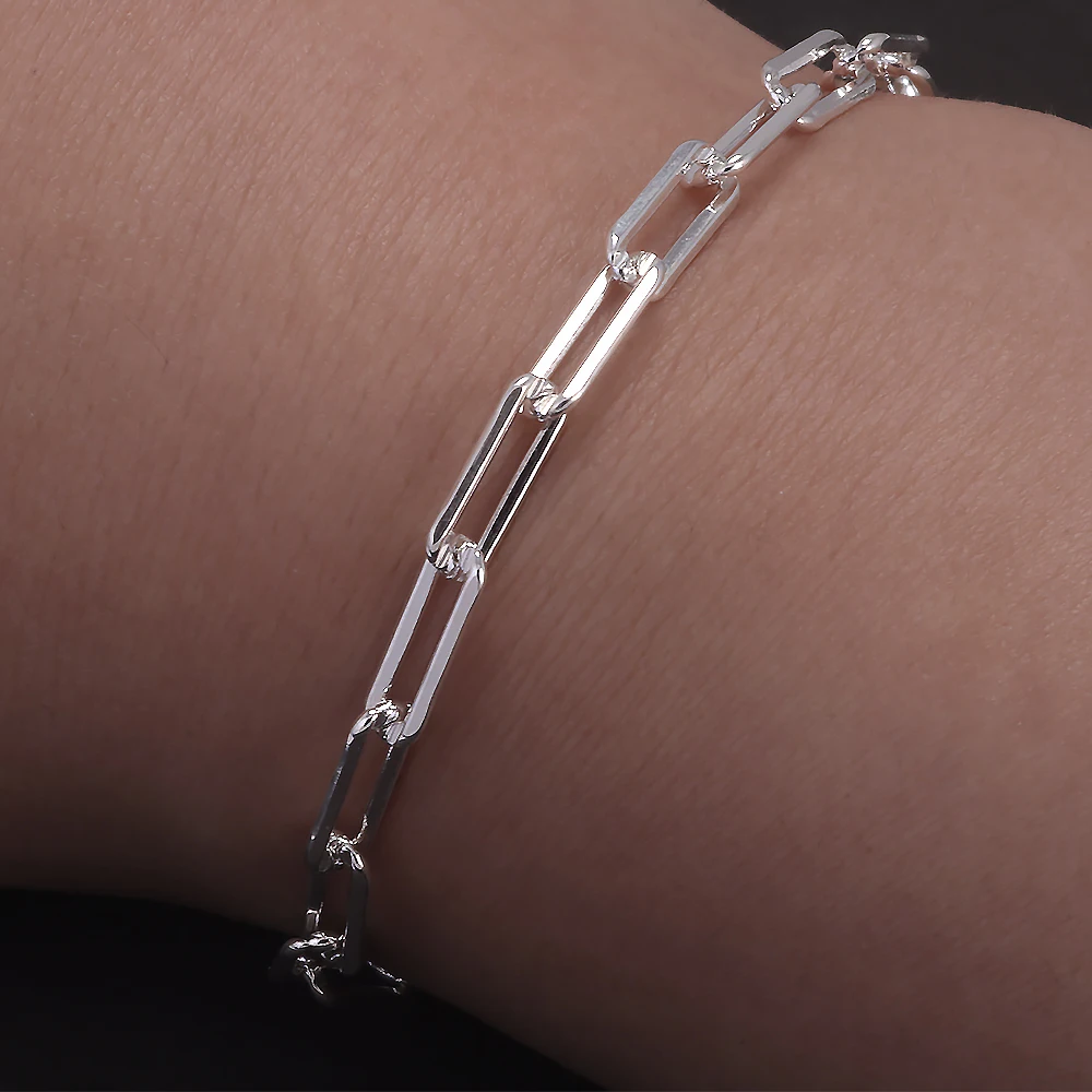 Sólida plata 925, pulsera de cadena de eslabones con clip de papel de 4mm para hombres y mujeres, cadena de mano con Clip de papel, joyería Punk Simple de moda