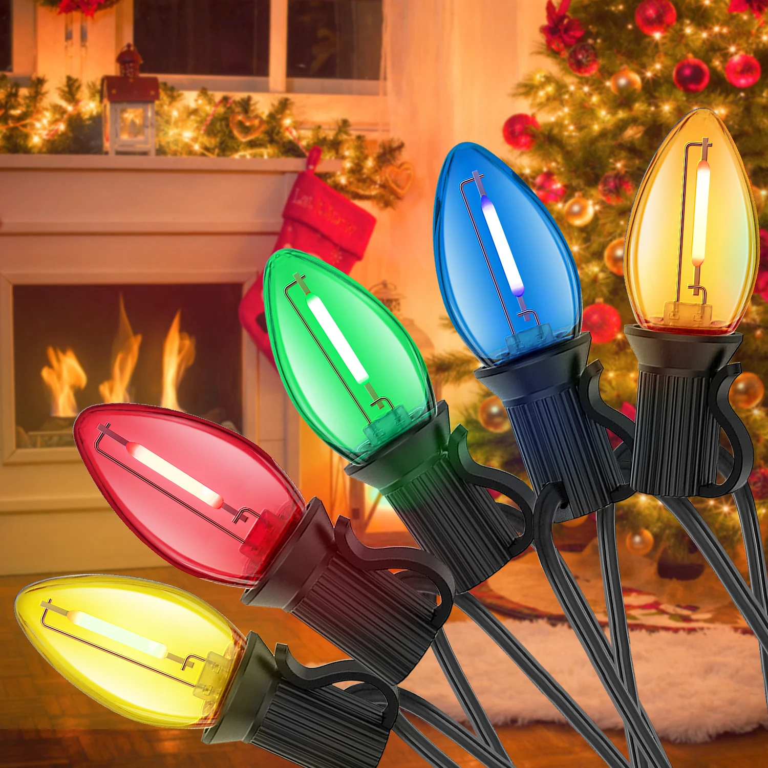 Guirnalda de luces C7 colorida, 220V, UE, 110V, EE. UU., guirnalda de calle E12, plástico irrompible, impermeable para decoración de patio al aire libre