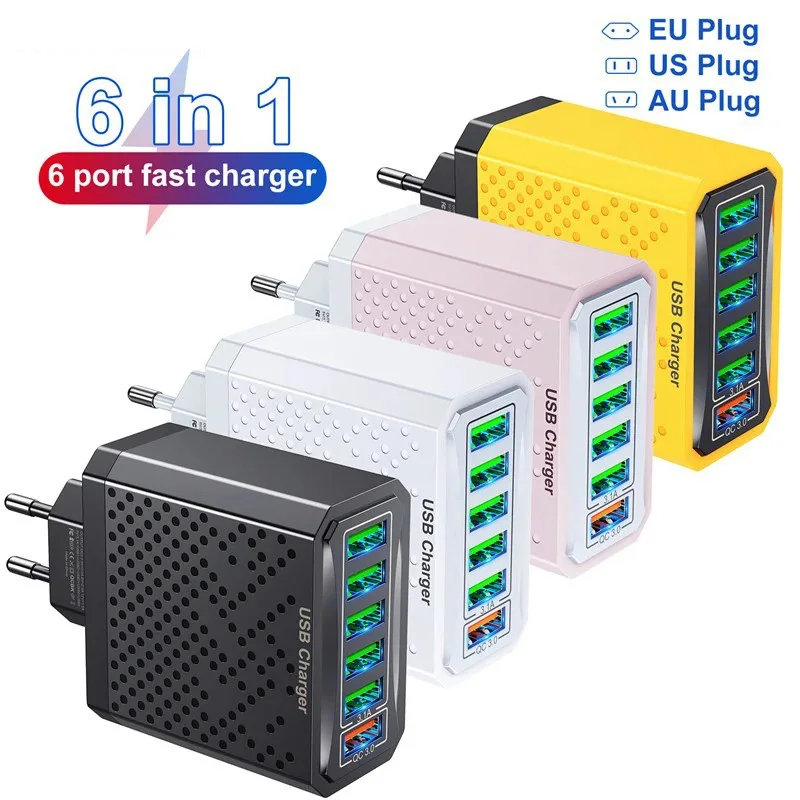 Cabezal de carga multipuerto 6 en 1, 5V, 3a, Qc3.0, carga rápida para Samsung S23, Xiaomi, enchufe adaptador Eu/kr/us/uk