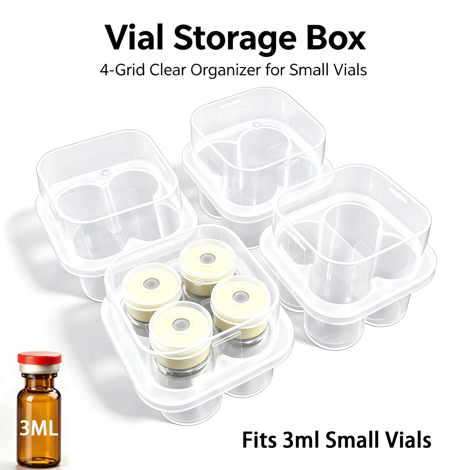 Paquete de 15/10/5 Cajas Organizadoras de Plástico Transparente con 4 Ranuras para Almacenamiento de Viales, a Prueba de Polvo, para Viales de Inyección de Péptidos de 3 ml - Transparente Medi