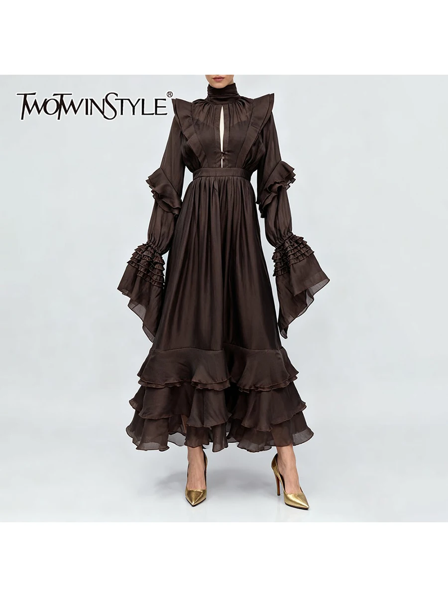 TWOTWINSTYLE Vintage empalmado recortado vestido medio ajustado para mujer cuello alto manga larga dobladillo con volantes vestidos elegantes Mujer