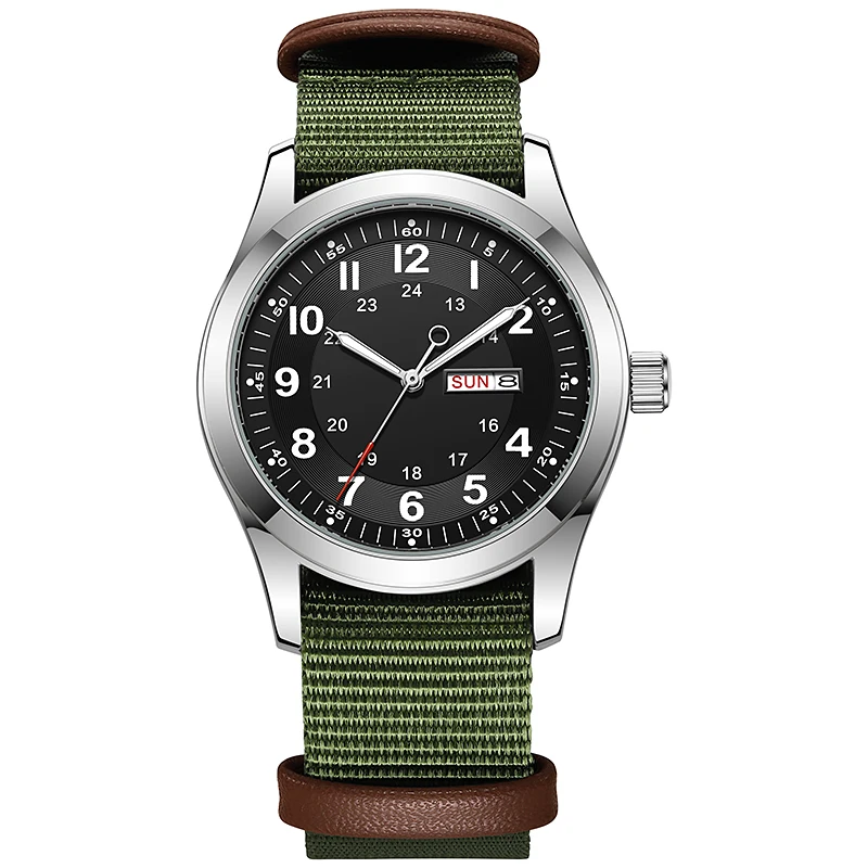 Reloj de Hombre 2026 de 42 mm con Esfera Luminosa que Brilla en la Oscuridad, Fecha y Día, Correa de Lona Verde, Resistente al Agua 30M, Correa Color Caqui