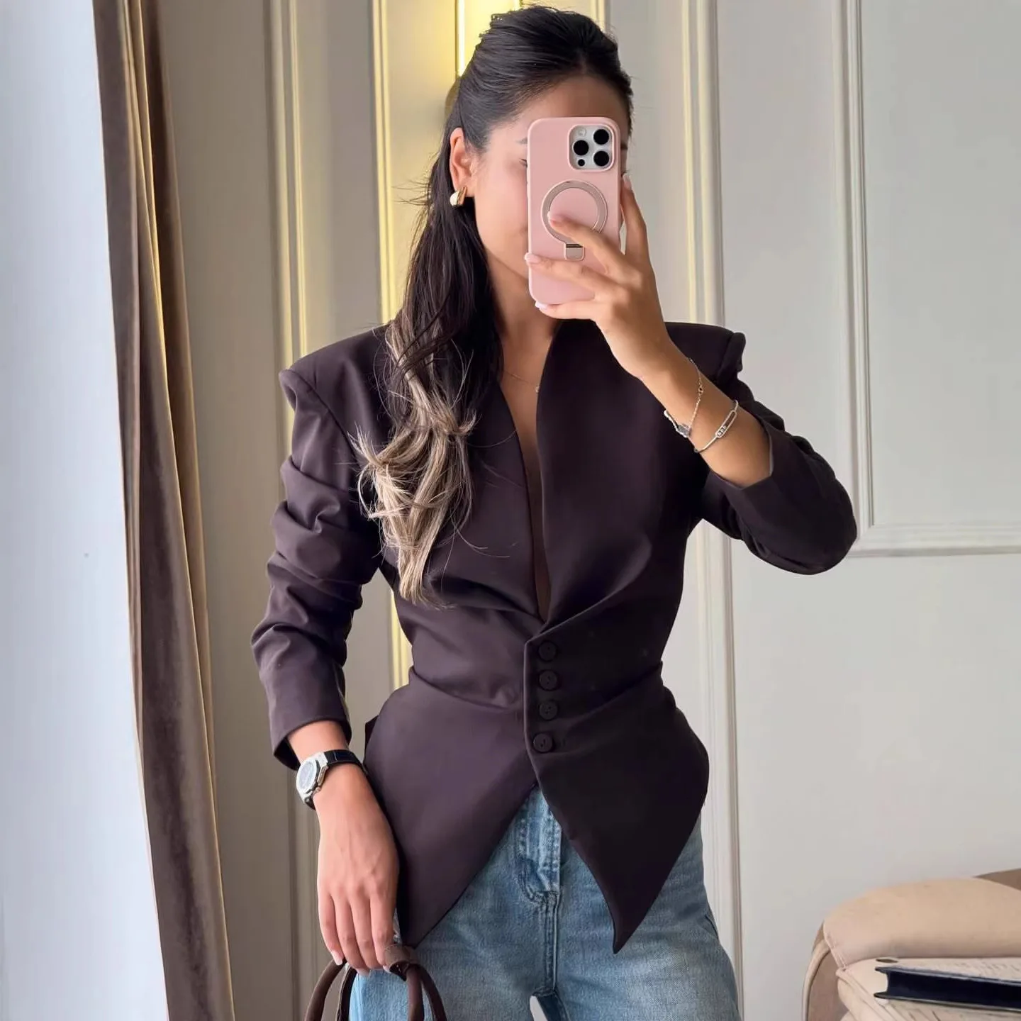 Chaqueta de Traje Sólida con Cordones UNITIM 2026, Chaqueta Plisada para Mujer, Elegante con Cuello en V, Cintura Ajustada, Abotonadura Sencilla, Manga Larga con Lazo