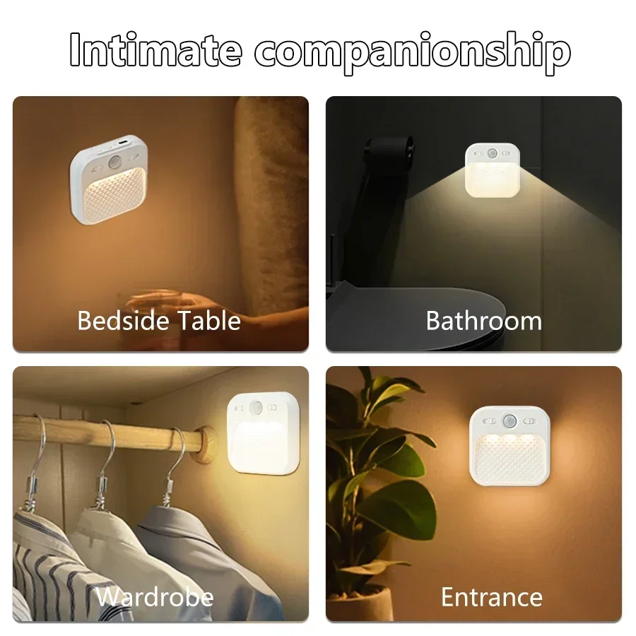 Luz Nocturna LED con Sensor de movimiento PIR, lámpara nocturna recargable por USB para dormitorio, escalera, pasillo, armario, iluminación de armario