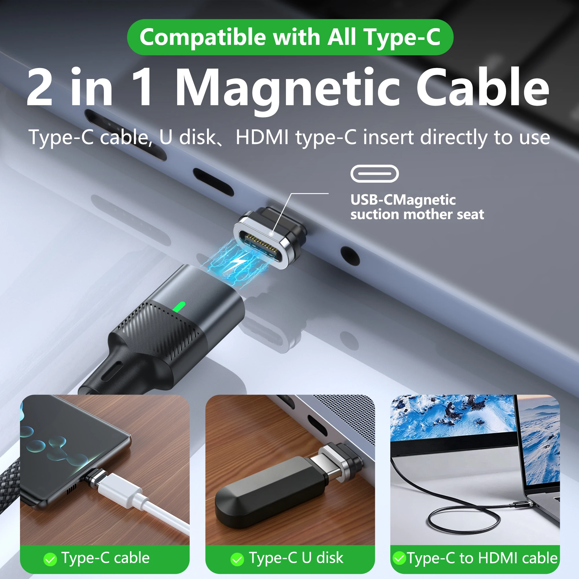 Cable Magnético USB-C Boxiang 240W 48V5A PD3.1, Carga Rápida, Conector Magnético, Sincronización de Datos de Alta Velocidad 120Gbps, Cable Cargador Tipo C de Doble Uso