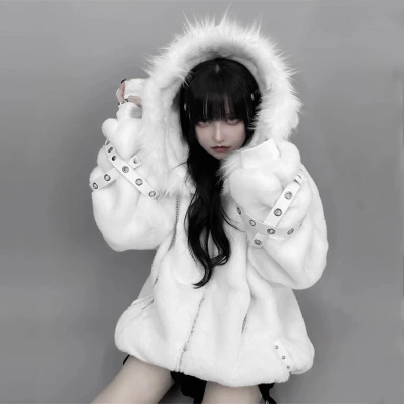 Mauroicardi Otoño Invierno de gran tamaño cálido suave blanco abrigo de piel sintética mujeres con capucha Harajuku moda chaqueta mullida ropa de calle 2025