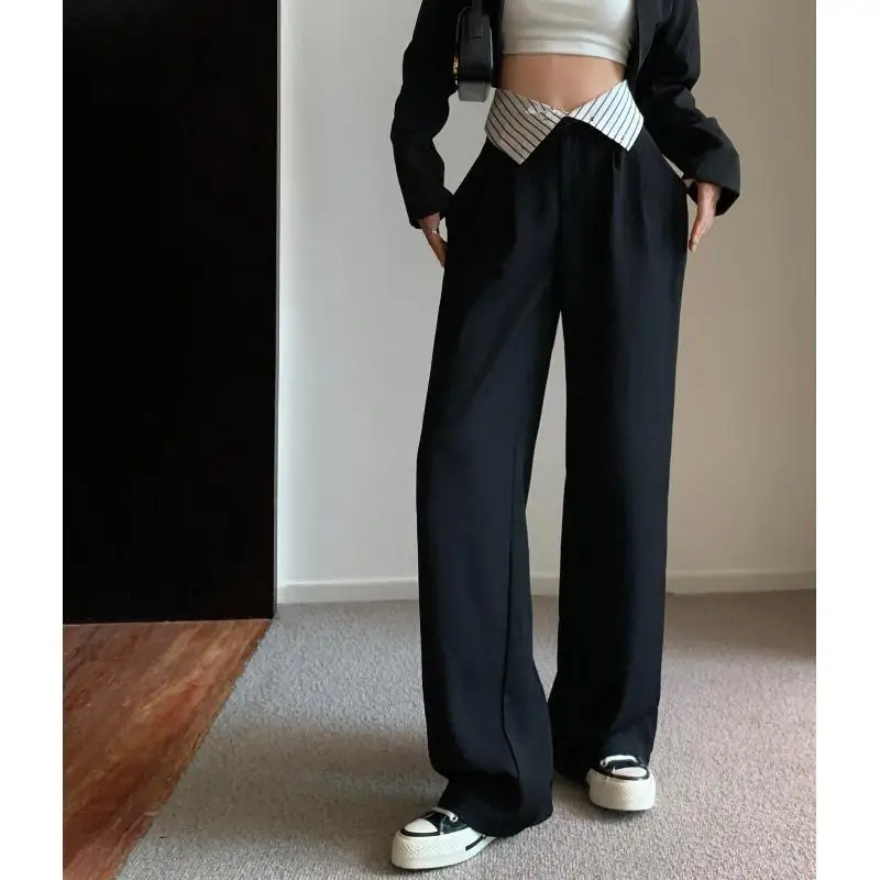 Pantalones negros de cintura alta para mujer, pantalones de piso colgantes, pantalones casuales sueltos de pierna ancha, nuevo estilo de otoño