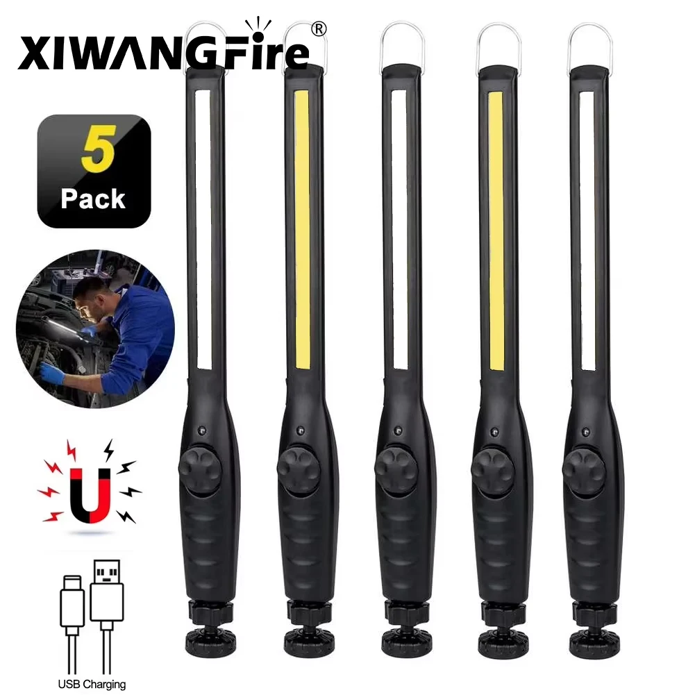 1-Paquete de 5 linterna COB + LED, luz de trabajo magnética, linterna recargable por USB, luz de inspección, lámpara de Reparación de automóviles para acampar