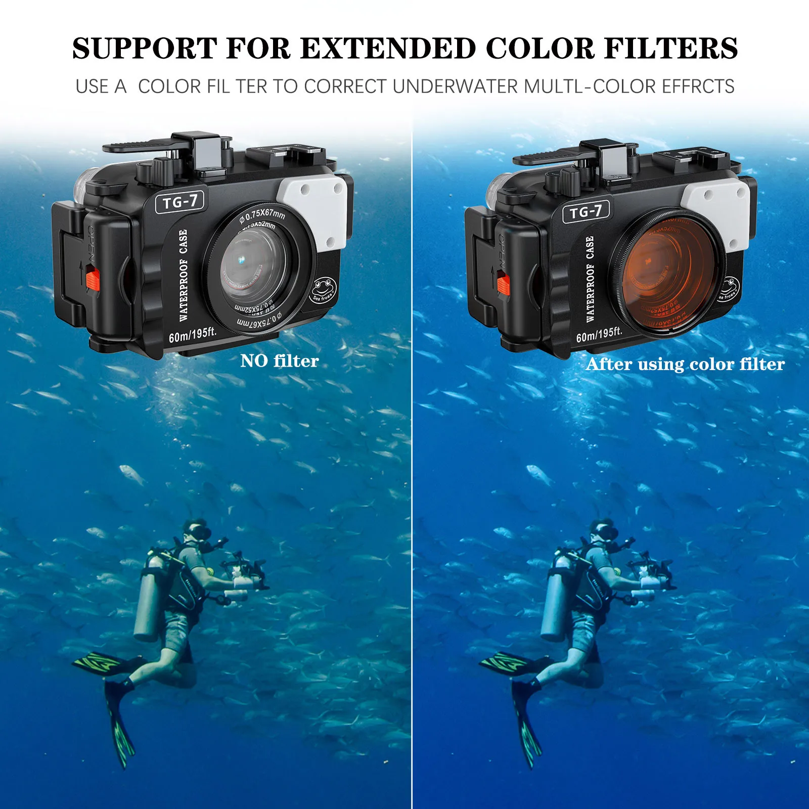 Seafrogs nuevo modelo 60M/195 pies negro impermeable caja de cámara subacuática para Olympus TG7 carcasa de buceo