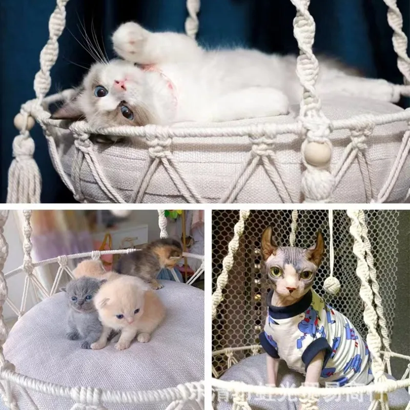 Hamaca de invierno para mascotas, columpio para gatos, cuerda de algodón tejida a mano, cesta colgante para gatos, cuerda colgante para gatitos, nido colgante para interiores, suministros para mascotas