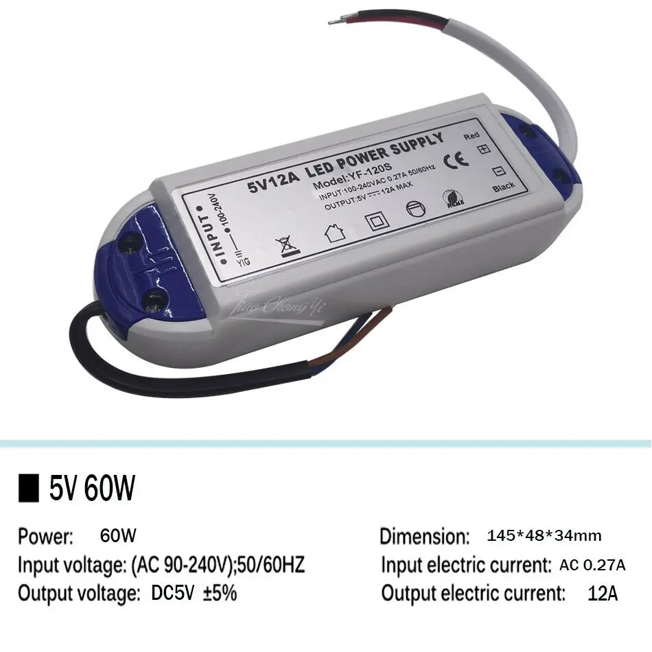 Fuente de alimentación de 5V Controlador LED de 12V Adaptador de corriente de 5 voltios 12 voltios 60W 72W 100W CA 110V 220V a CC 5V 12V 8A 20A Transformador de tira LED