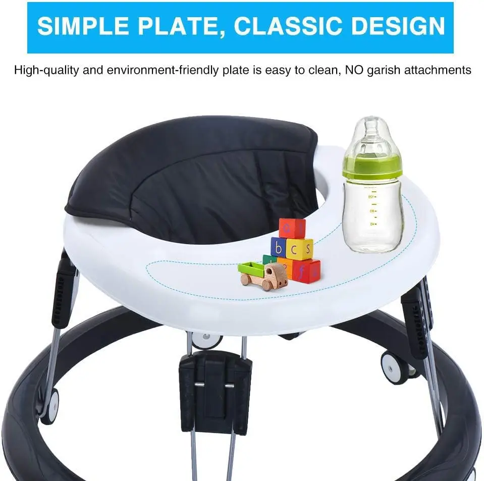 Andador ajustable para bebés, bandeja fácil de limpiar, rollador universal, andador plegable antivuelco para niñas y niños de 6 a 18 meses
