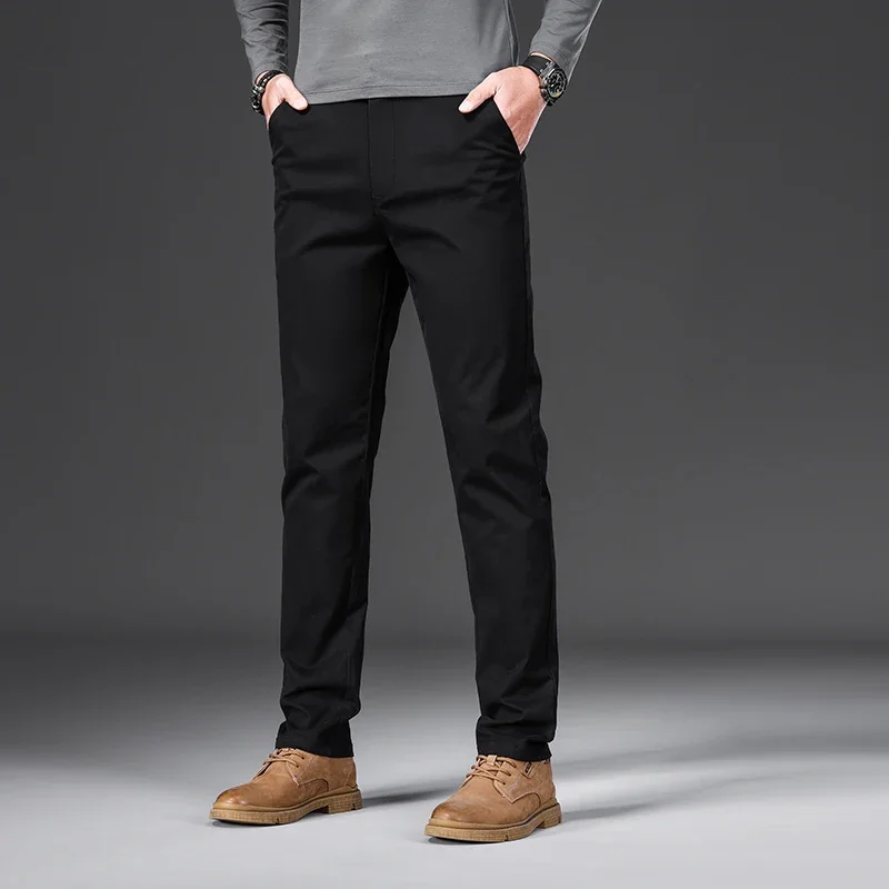 Pantalones informales 97% algodón para hombre, moda de otoño, cómodos, elásticos, ajustados, rectos, de negocios, negro, verde militar, caqui