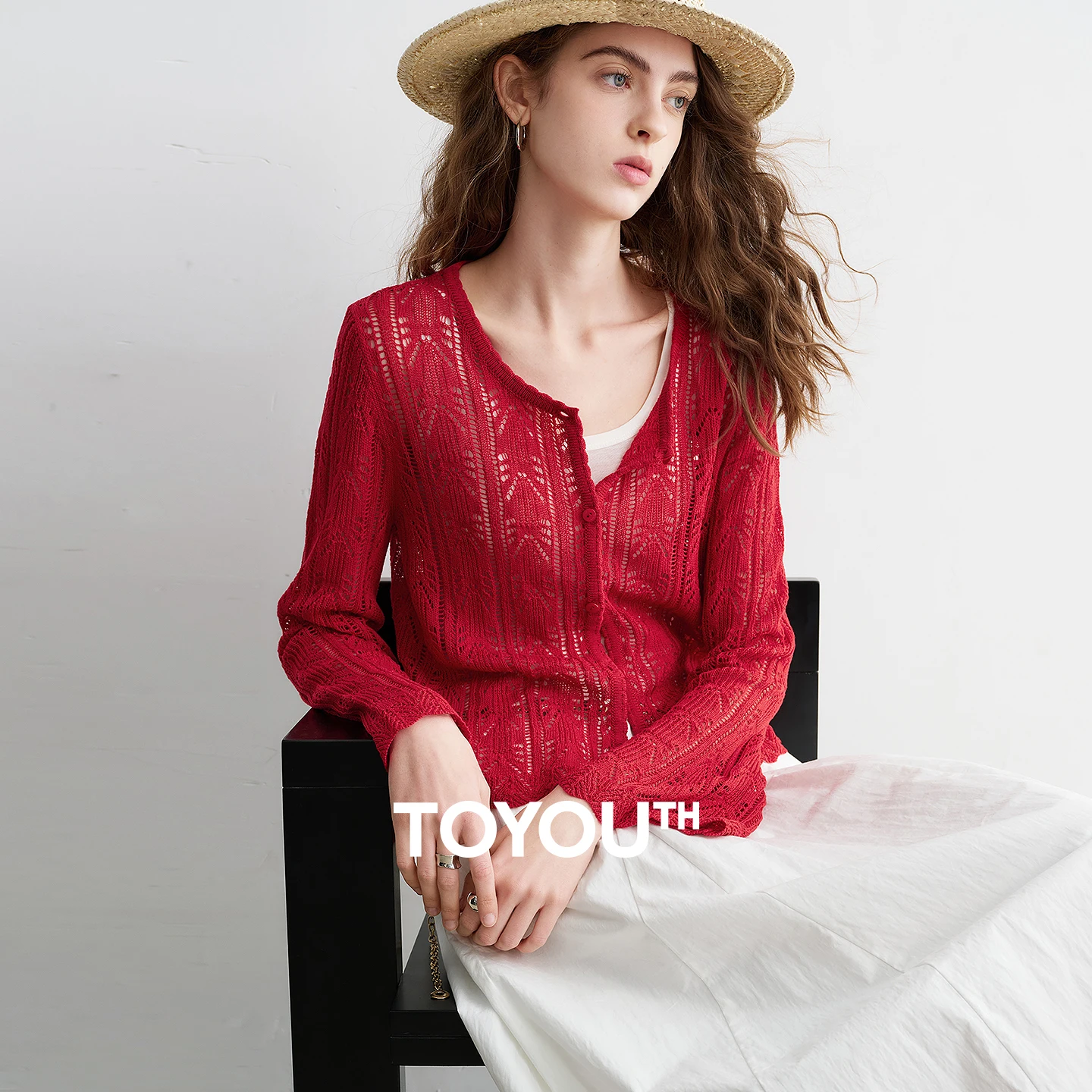 Blusa de Punto de Lino Lyocell para Mujer TOYOUTH, Primavera 2026, Nueva, Calada, Vintage, Romántica, con Mangas de Trompeta