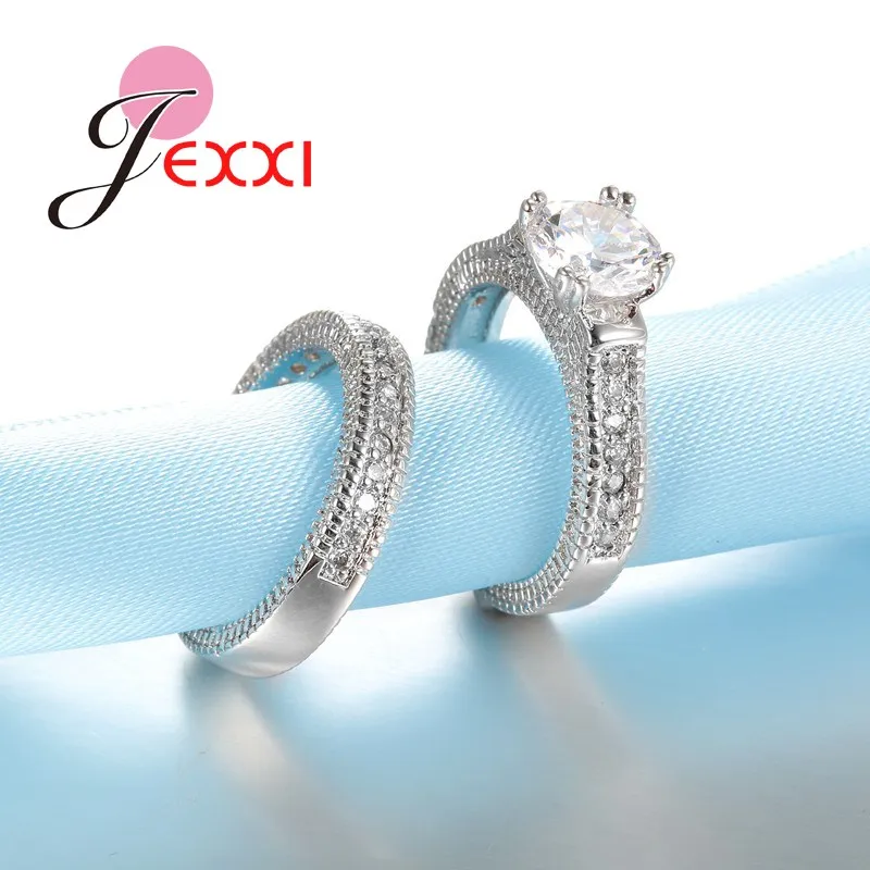 Conjunto de anillos elegantes de Plata de Ley 925 para mujer, 2 uds., pavimentado, cristales brillantes de alta calidad, joyería de boda para novia