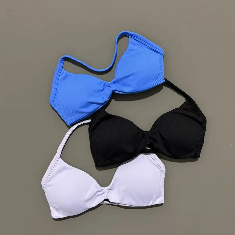 Sujetador deportivo con tirantes para mujer, top de gimnasio de alto soporte, tirantes finos, sin costuras, estilo halter, sujetadores deportivos con efecto fruncido para entrenamiento y yoga, con almohadillas