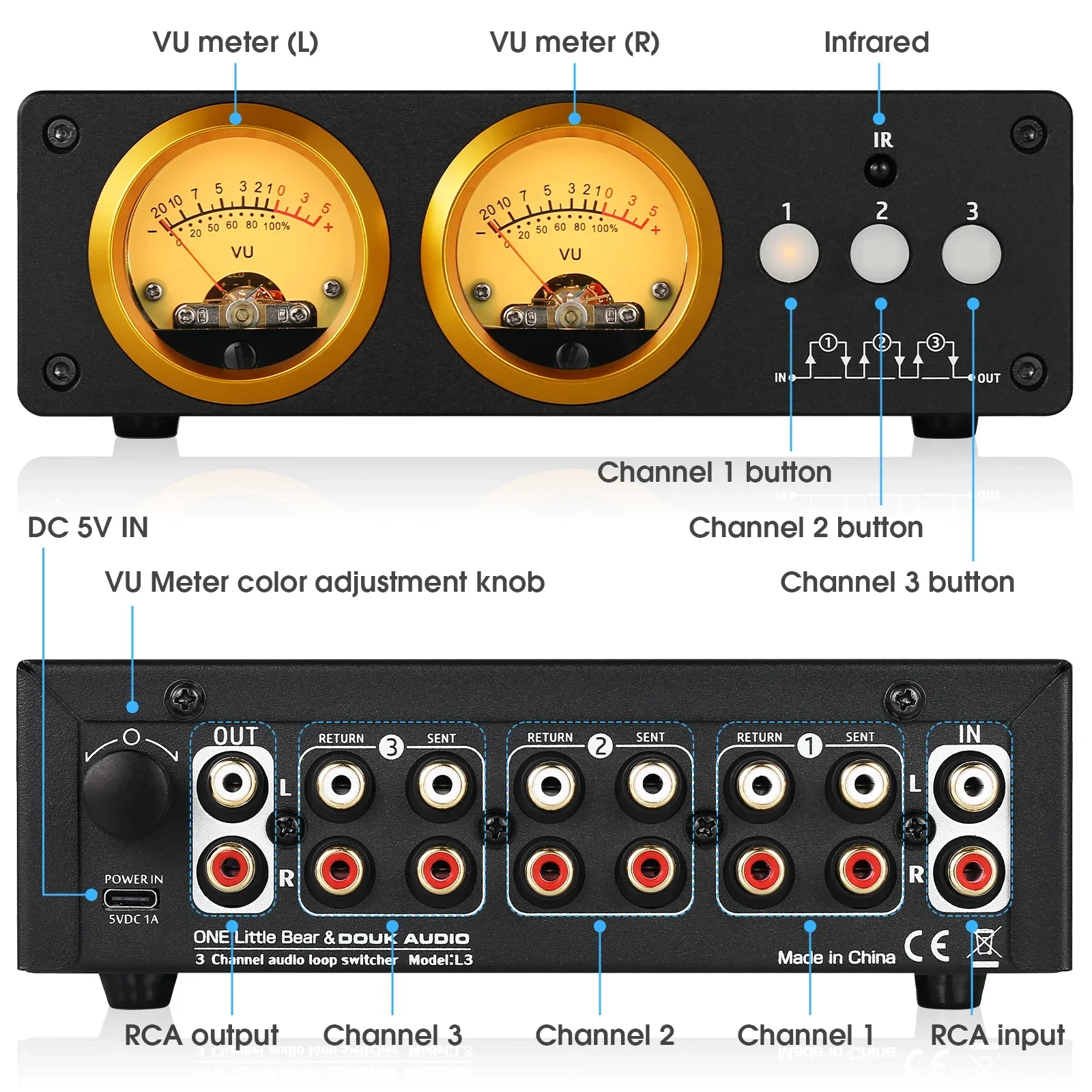 Douk Audio-conmutador de bucle de 3 canales L3, 1(3) en 3(1), Selector de salida, pantalla de medidor de VU Dual, divisor estéreo con Control remoto IR