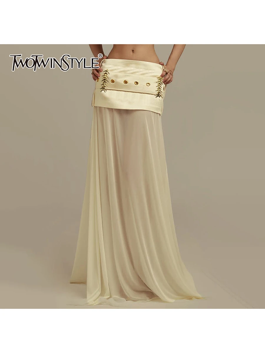 TWOTWINSTYLE, faldas largas elegantes empalmadas con lentejuelas para mujer, cintura alta, cinturón de retazos, falda con temperamento, ropa de moda femenina