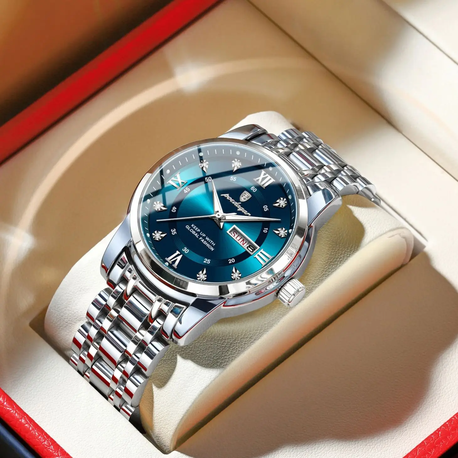 Reloj de pulsera POEDAGAR de lujo a la moda para hombre, Reloj luminoso de acero inoxidable resistente al agua para hombre, relojes de cuarzo a la moda con fecha y semana para hombre