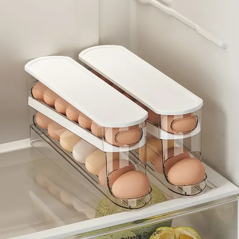 Caja de Almacenamiento de Huevos para Refrigerador de Dos Niveles, Dispensador de Huevos Automático con Rodillos, Organizador de Huevos en Forma de Escalera