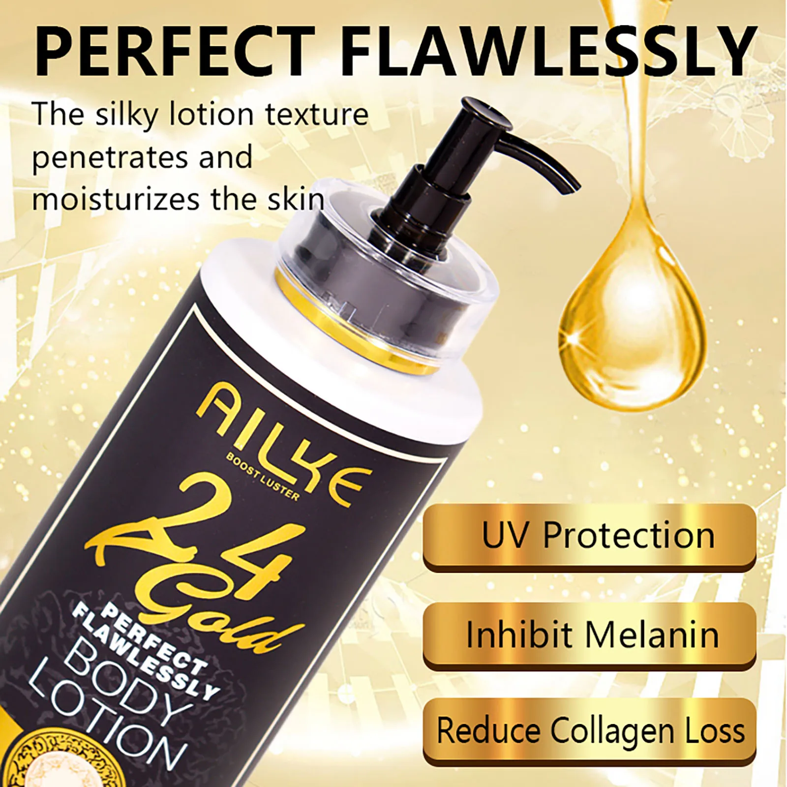 AILKE 24k Gold Loción corporal perfecta y impecable, blanqueadora, inhibe la melanina, hidratante, protección UV, con nicotinamida y vitamina C