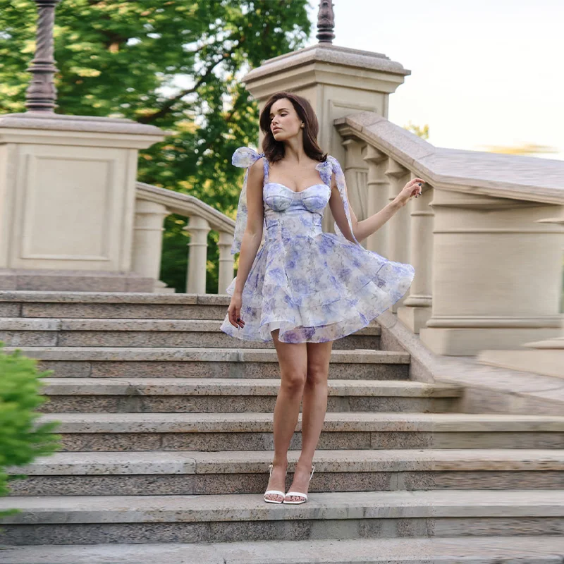 Minivestido Halter estampado elegante, Vestidos de fiesta con cordones de malla y cuello en V, batas de fiesta de cintura alta, Vestidos de princesa dulces para mujer