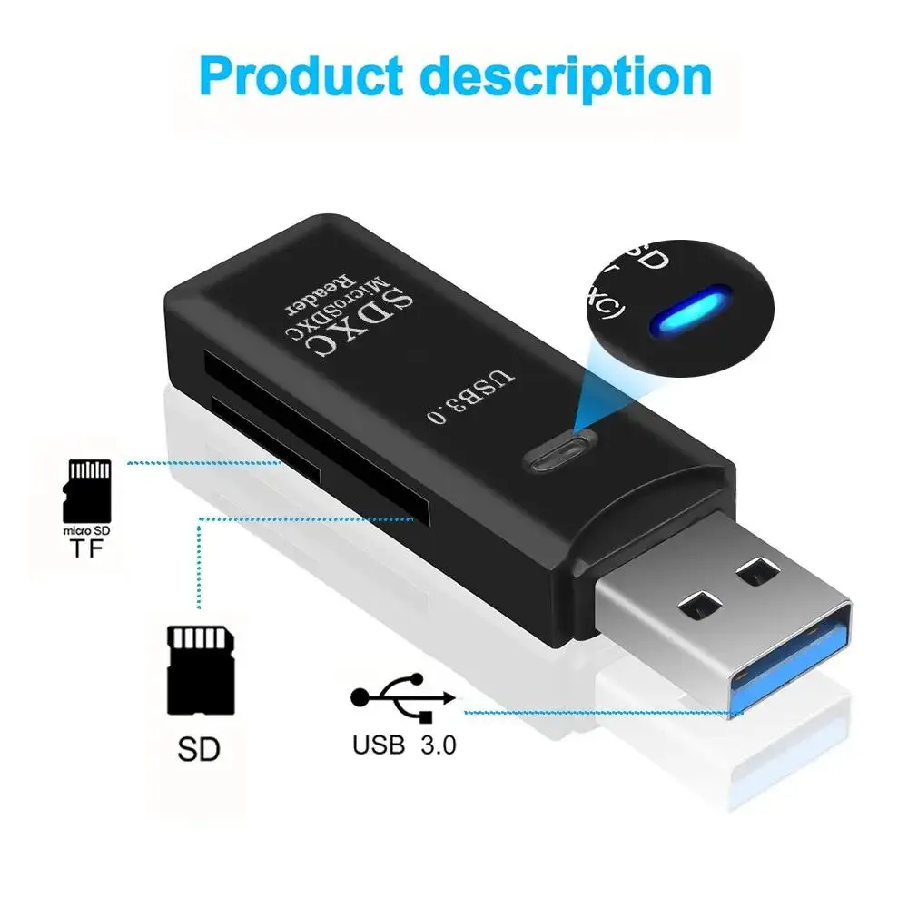 Lector de tarjetas USB 3,0 de alta velocidad 2 en 1, adaptador de tarjeta de memoria TF, diseño de unidad Flash USB portátil para PC, portátil, accesorios de oficina