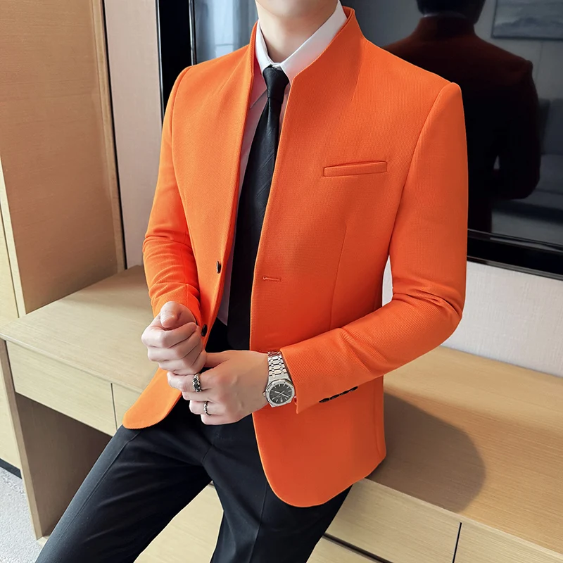 Waffle nuevo traje chino con cuello levantado abrigos hombres Slim Fit negocios Casual trajes de moda chaqueta Formal Social fiesta de graduación esmoquin