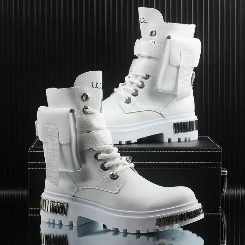 Botas de Invierno para Hombre 2025, Blancas, de Terciopelo, Cálidas, Estilo Británico, con Suela Gruesa, para Motocicleta