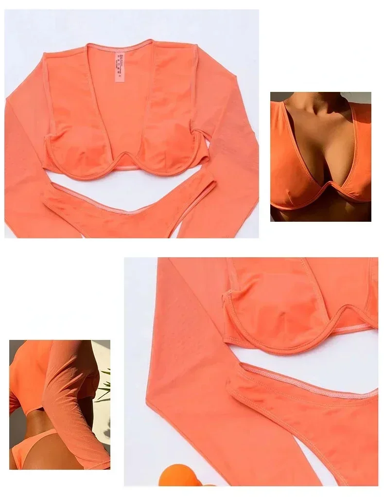 Traje de Baño de Dos Piezas para Mujer, Bikini Sexy con Push-Up, Manga Larga, Color Naranja, Ropa de Playa 2026, Nuevo
