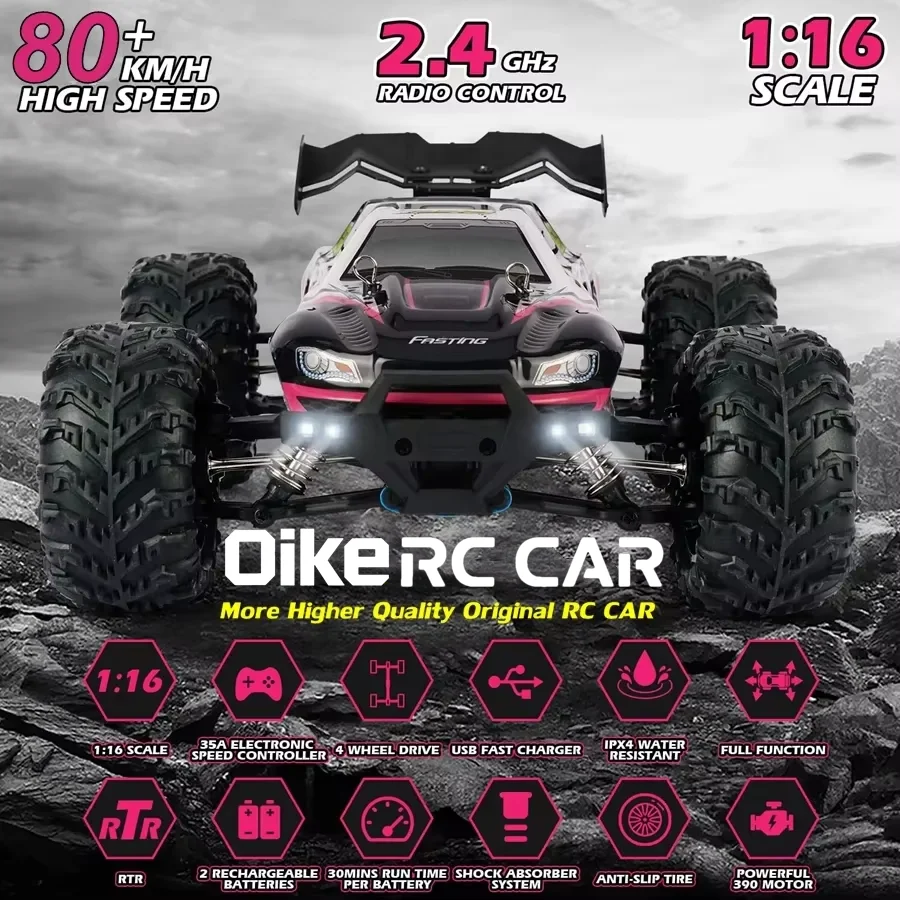 Coche de Carreras Oike RC con Luces LED, 50KM/H / 80KM/H, Motor sin Escobillas, 4WD, Control Remoto, Eléctrico, de Alta Velocidad, Monster Truck para Adultos