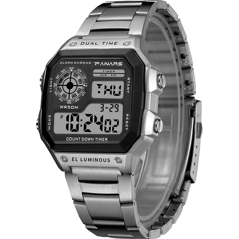 Reloj de pulsera deportivo militar para hombre, relojes de acero inoxidable 5BAR resistentes al agua, pantalla cuadrada Digital para hombre, reloj Masculino