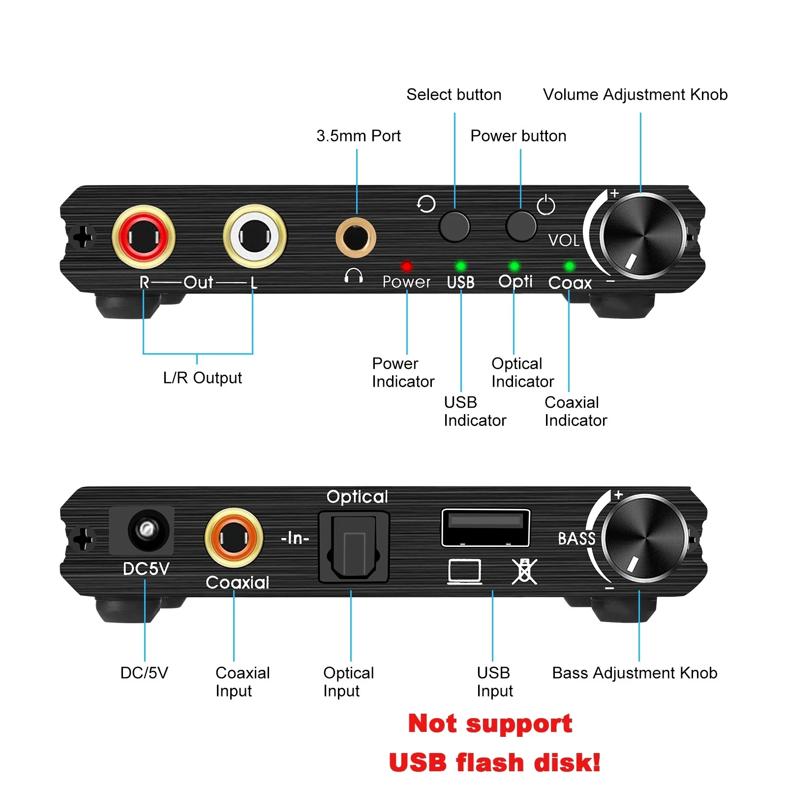 USB DAC 192kHz 24Bit Convertidor digital a analógico con control de graves y volumen Coaxial Toslink Estéreo L/R RCA