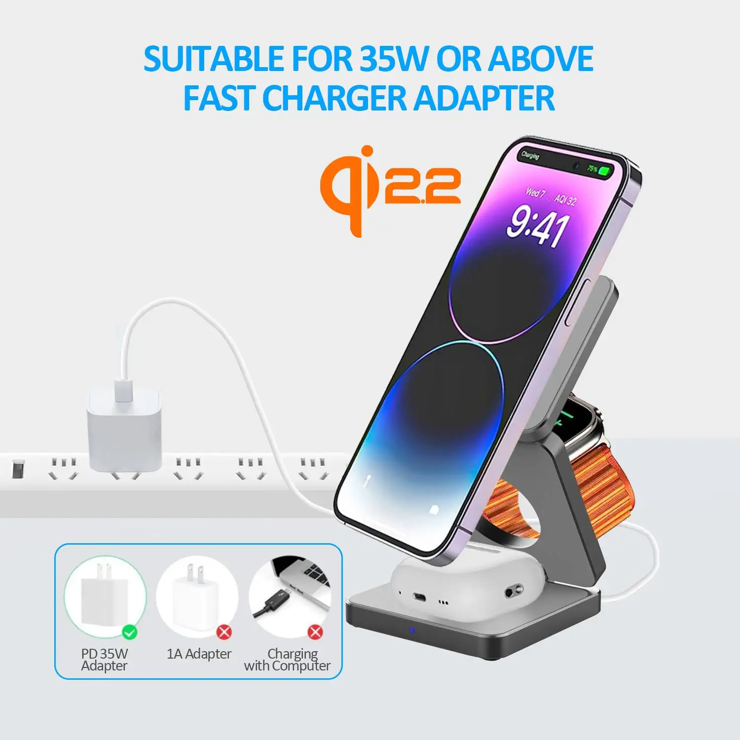 Estación de carga inalámbrica magnética plegable Qi1/Qi2.2 3 en 1 para iPhone serie 12 ~ 17 AirPods iWatch cargador de viaje portátil