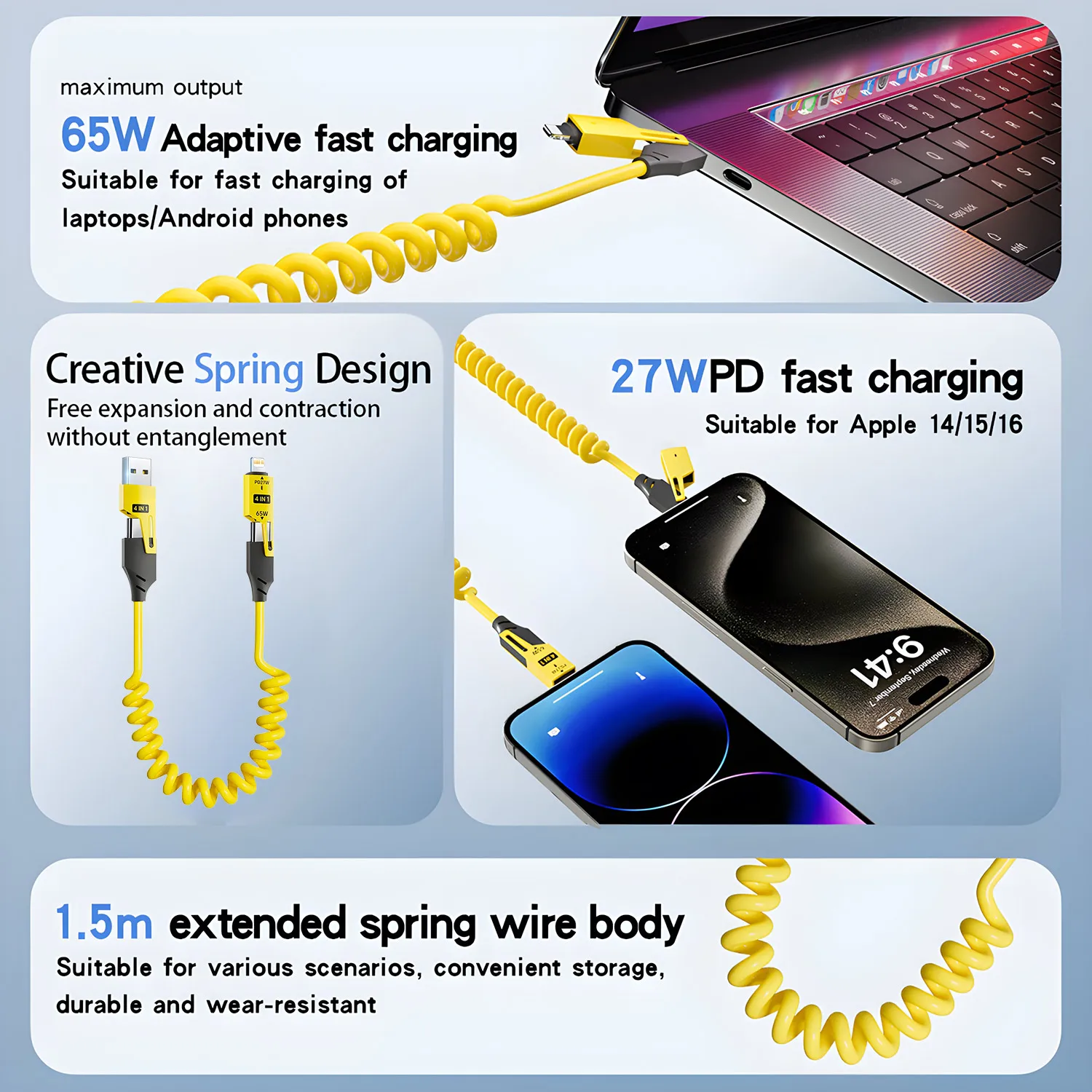 Cable USB de resorte de carga rápida de 65W, Cable de datos de resorte 4 en 1, Cable telescópico de resorte USB tipo C 6A para iPhone, iPad, MacBook, Huawei
