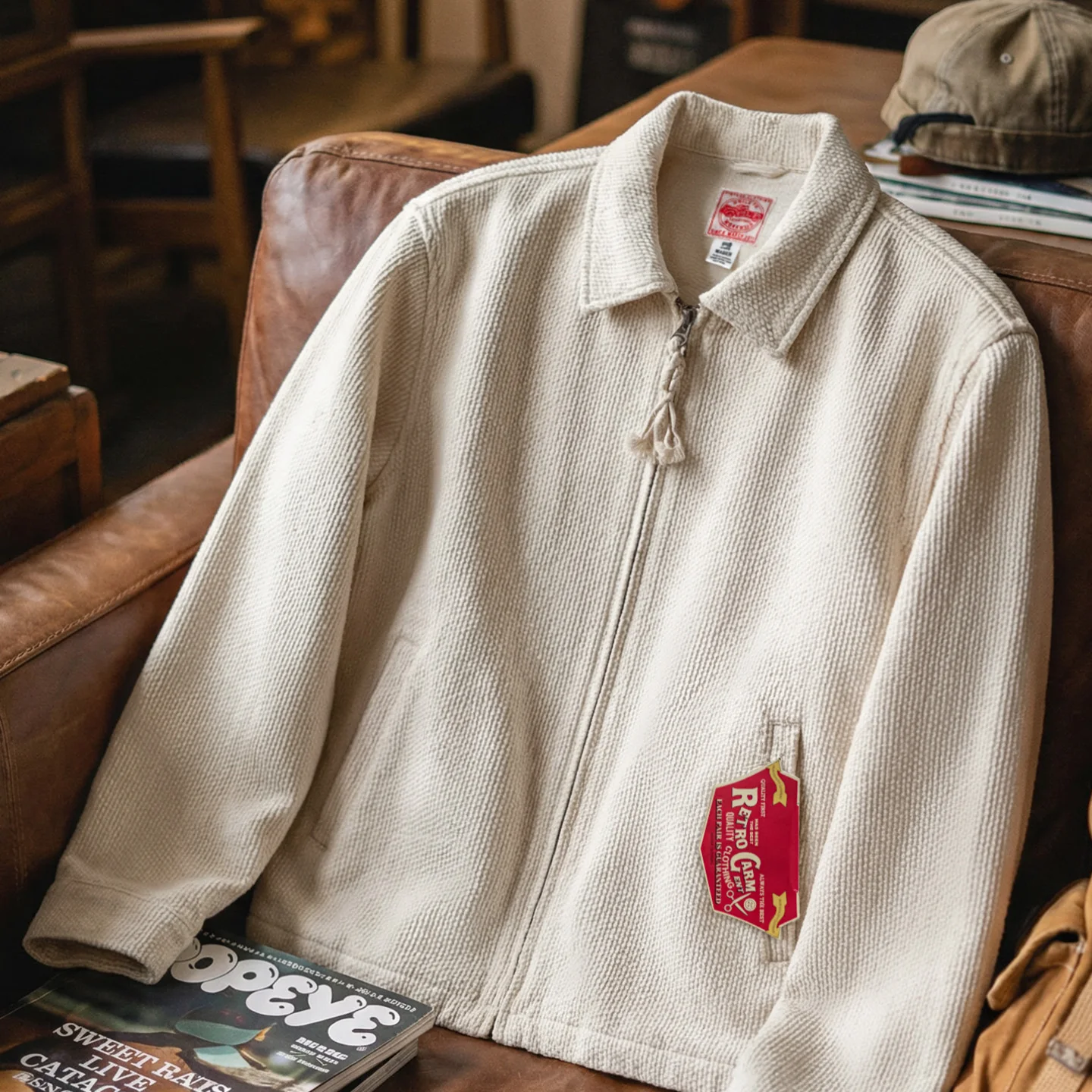 Chaqueta Blanca Vintage para Hombre Maden, Chaqueta Corta de Algodón Grueso con Cuello Camisero, Cierre de Cremallera, Ajustada, para Primavera y Otoño
