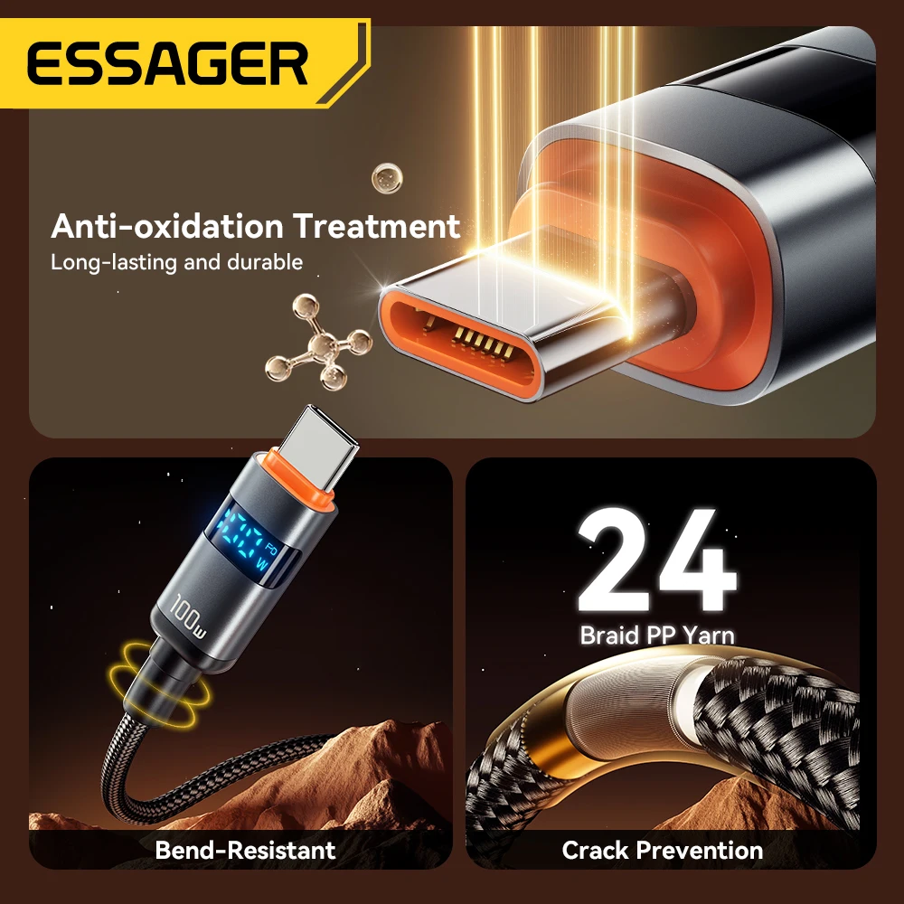 Cable Essager de 100W USB C a Tipo C con Pantalla Digital, Carga Rápida de 5A, Cable Tipo C a Tipo C para MacBook Pro, Xiaomi, Huawei, Samsung