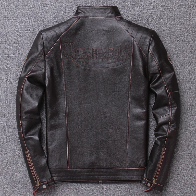 Chaqueta de motorista de cuero genuino para hombre, abrigo de piel de vaca 100% Natural, ajustado, Estilo Vintage, ropa de motorista