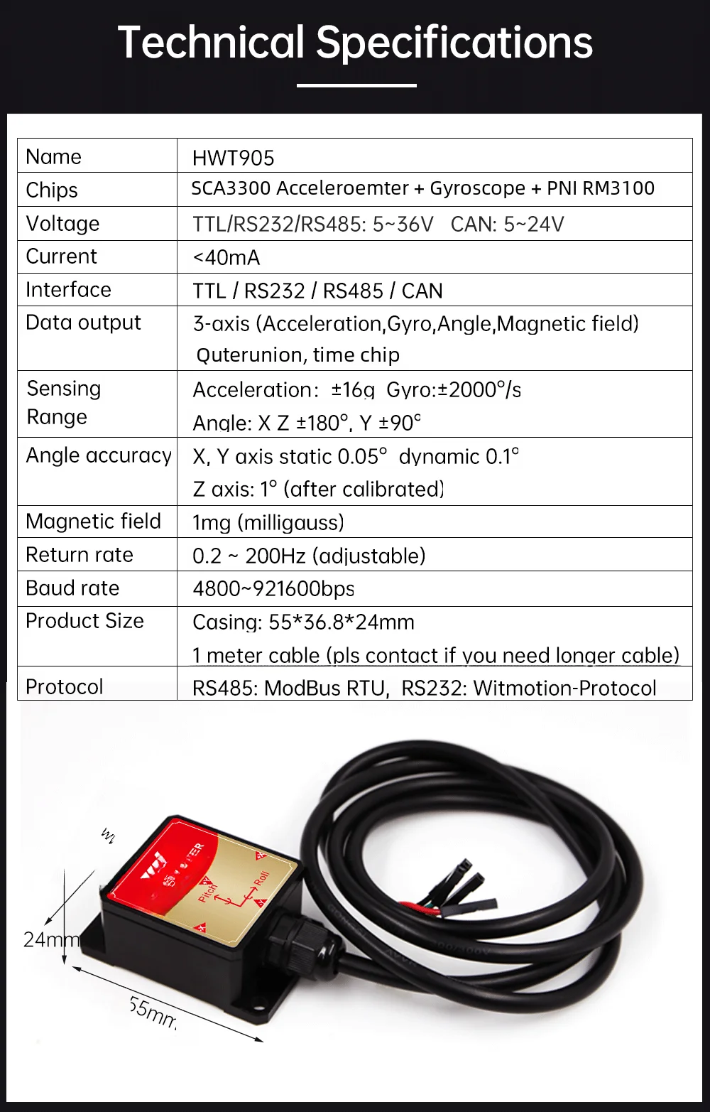 [Magnetómetro RM3100 Integrado] Acelerómetro+Medidor de Ángulo Witmotion HWT905 (XY0.05) ° Brújula Digital + Giroscopio + Inclinómetro + Compensación de Temperatura