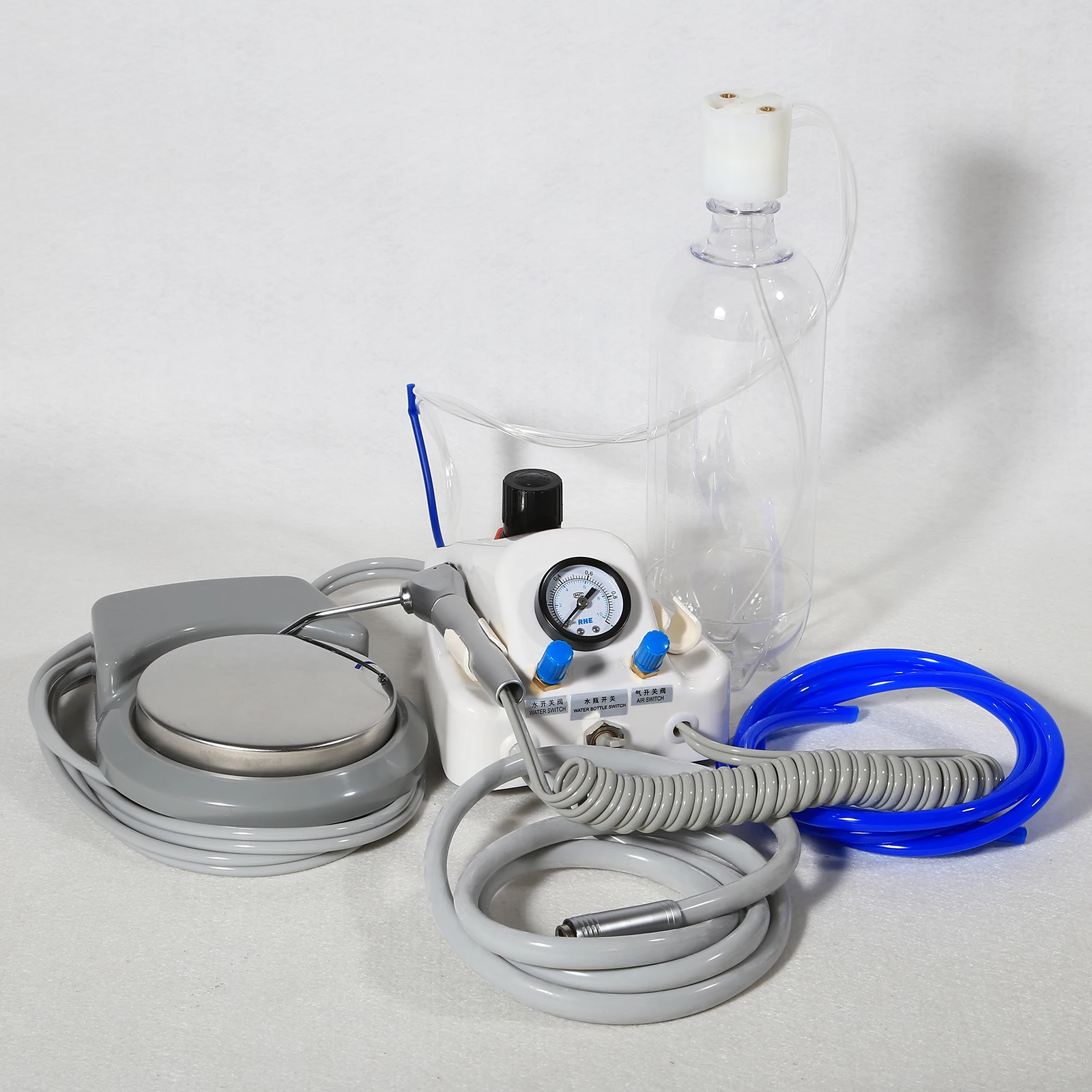 Unidad de turbina de aire Dental portátil que funciona con compresor, botella de jeringa de Triple pulverización y Pedal, herramientas de limpieza de dentista de 2/4 agujeros