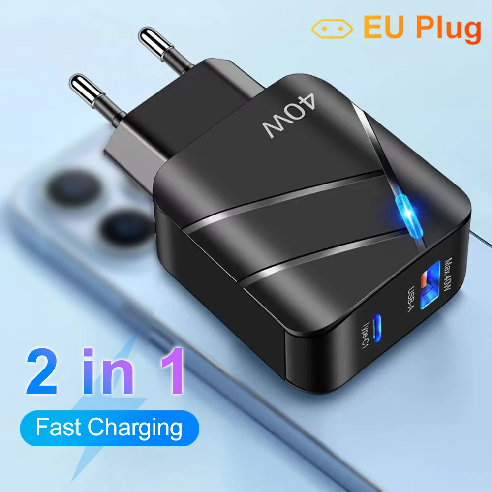 Total 40W PD USB C cargador carga rápida QC 3,0 adaptador de cargador de pared para iPhone 14 13 Samsung Xiaomi cargador USB carga rápida
