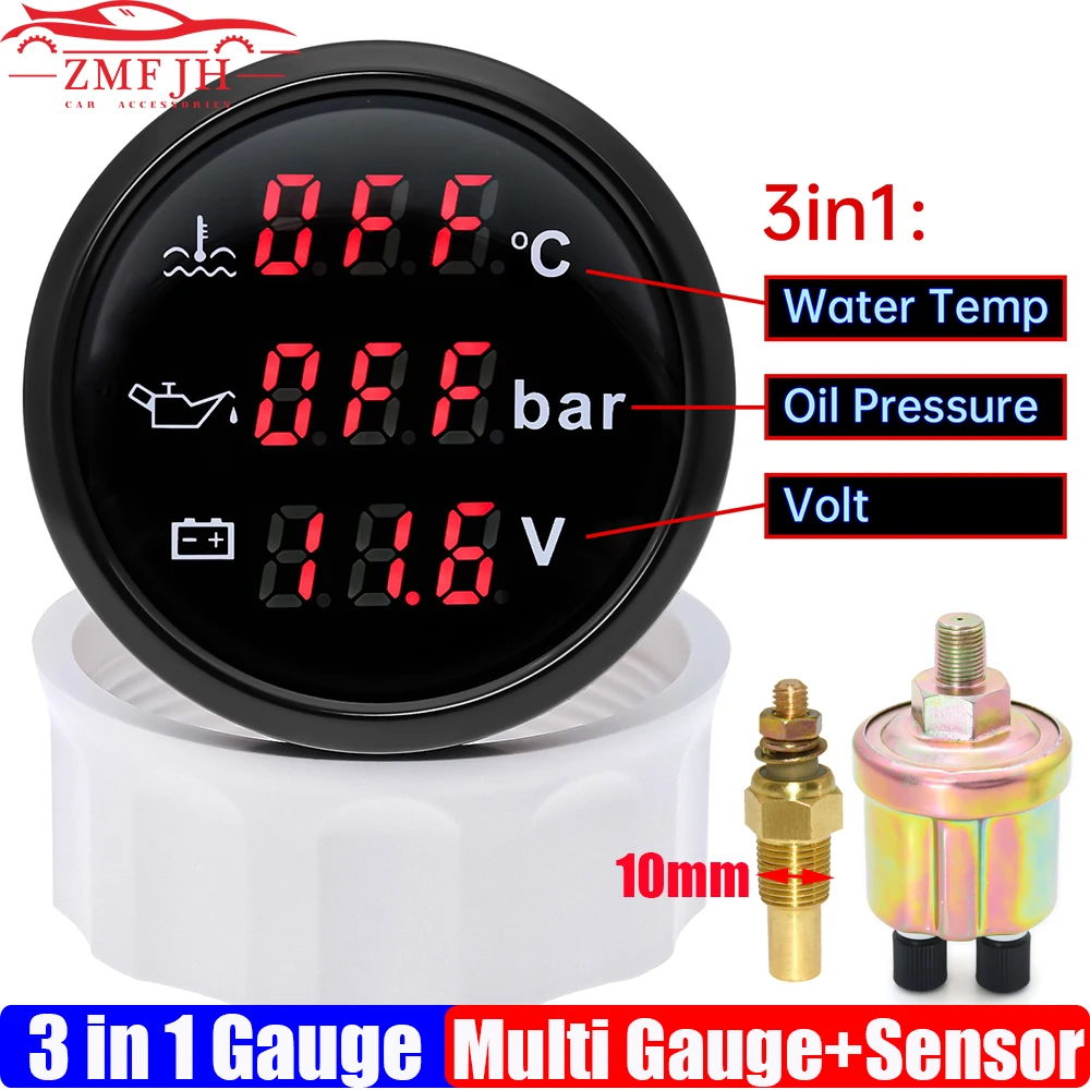 Medidor digital 3 en 1 de 52 mm con alarma 0~120 ℃   Medidor de temperatura del agua + presión de aceite + voltaje con prensa de aceite/Sensor de temperatura del agua personalizado