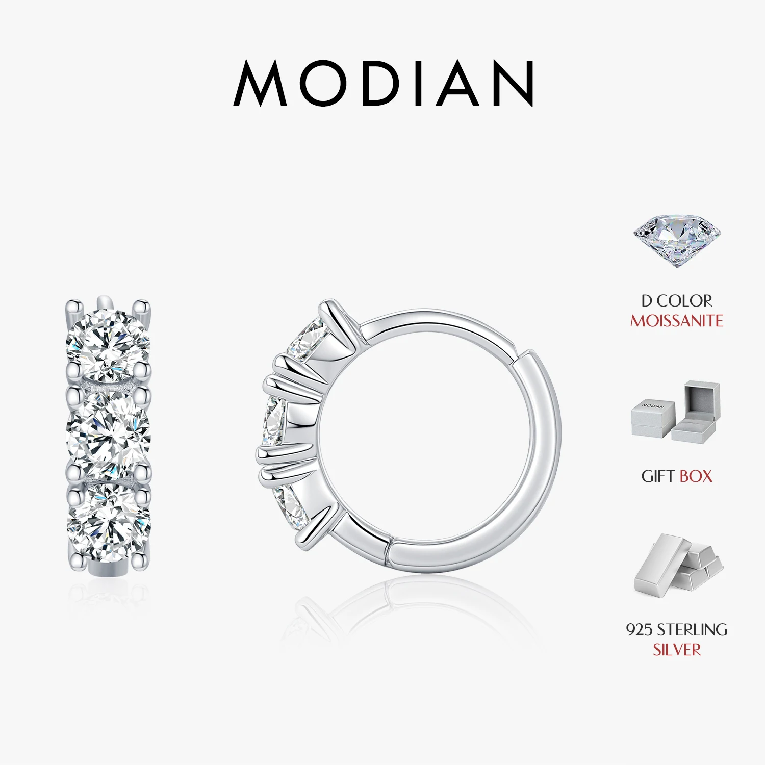 MODIAN D Color Moissanite clásico hebilla de oreja Plata de Ley 925 pendientes de aro apilables redondos de moda para mujer joyería fina