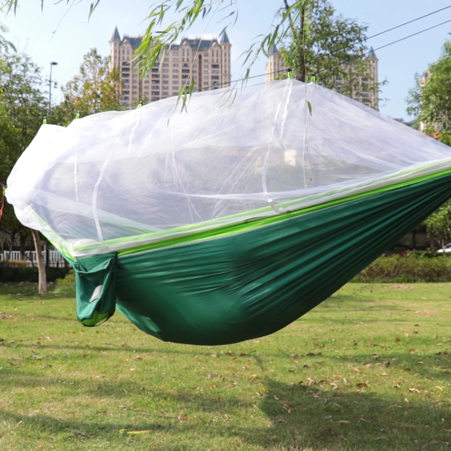 Hamaca para dormir colgante para acampar al aire libre, portátil, de tela de nailon de tamaño individual y doble, con mosquitera