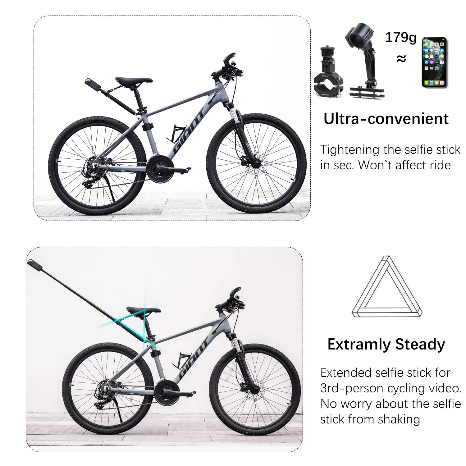 Soporte de Montaje Camsteer Premium para Bicicleta con Vista de Tercera Persona para Cámaras GoPro Max2, Hero 13, 12, Insta360 X6, X5, X4, Ace Pro2, DJI Osmo360