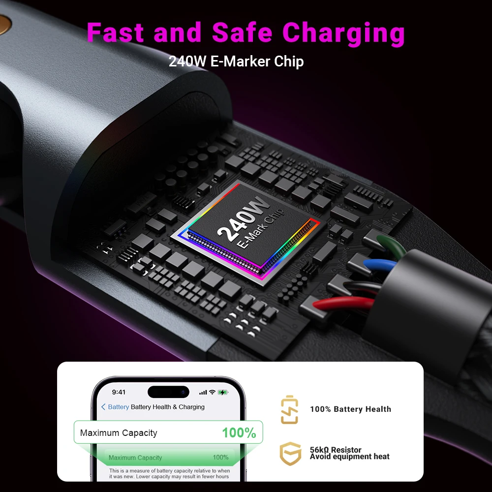 AUFU-Cable magnético tipo C de 240W, supercarga PD3.1 para MacBook, PC, Samsung, Xiaom, iPhone 5A, Cable cargador magnético de USB-C de carga rápida