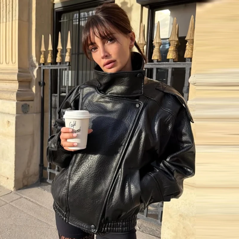 HXAO, recién llegado, chaqueta Bomber para mujer, chaquetas negras de cuero, prendas de vestir exteriores recortadas de gran tamaño, abrigos de manga larga con cremallera, chaqueta para exteriores