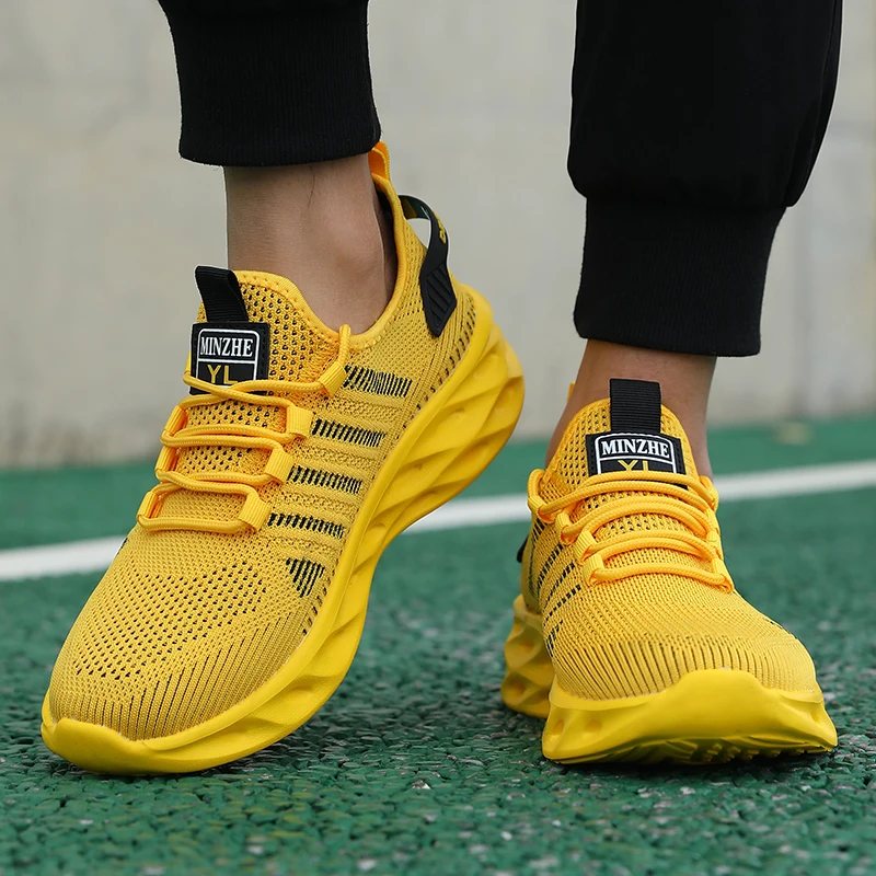 Zapatos cómodos para hombre, zapatillas Unisex, zapatillas transpirables para correr para parejas, calzado deportivo de tenis para mujer, talla 37-47, zapatillas para caminar amarillas