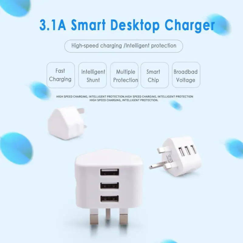 Adaptador de cargador de pared de 3 pines con enchufe británico con 1/2/3 puertos USB, convertidor de adaptadores de viaje para cargador de carga IOS, Samsung y Huawei